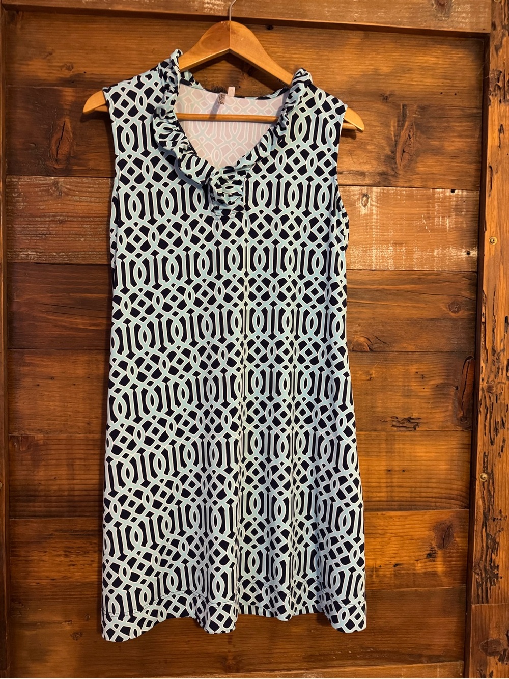 Lulu-B Aqua Navy Geometric Ruffle Neck UPF 50 Dress Size M